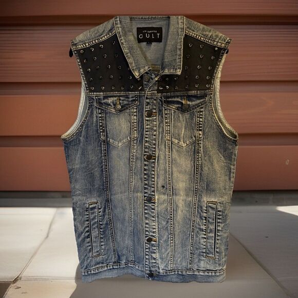 Unisex Denim Studded Vest Peace Sign Lip Service Cult Sz L GUC - Picture 2 of 13